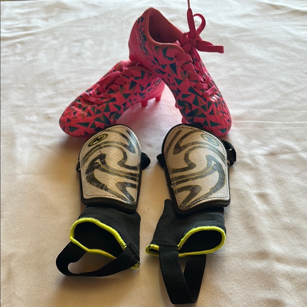 Set of Shin Guards AND Girls Hot Pink Soccer Cleats